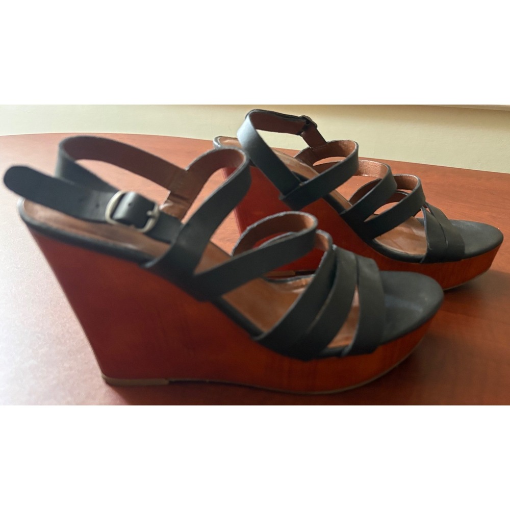 Lucky Brand Larinaa Black Leather Strappy Wood Platform Wedge Sandals 8.5M